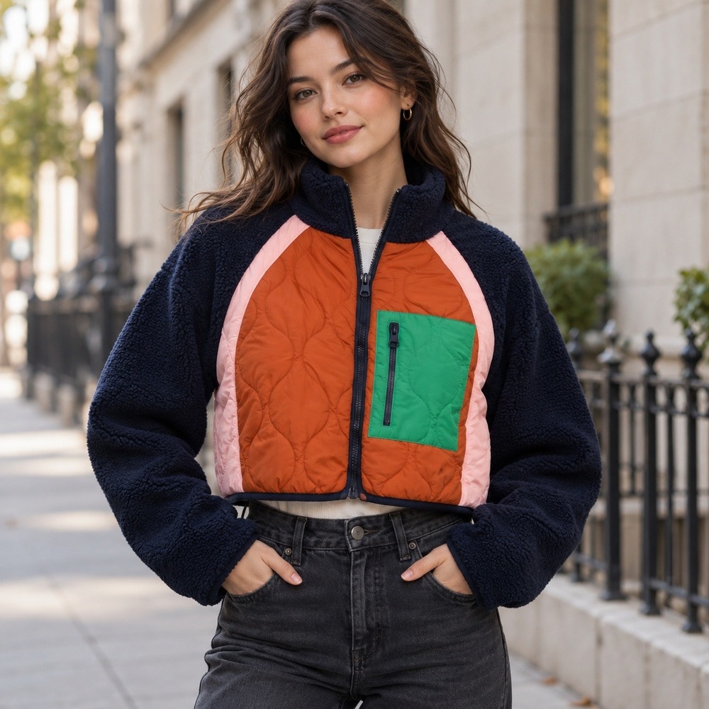Zara XS Colorblock Teddy Fleece Cropped Puffer Jacket Navy Orange Green NWT